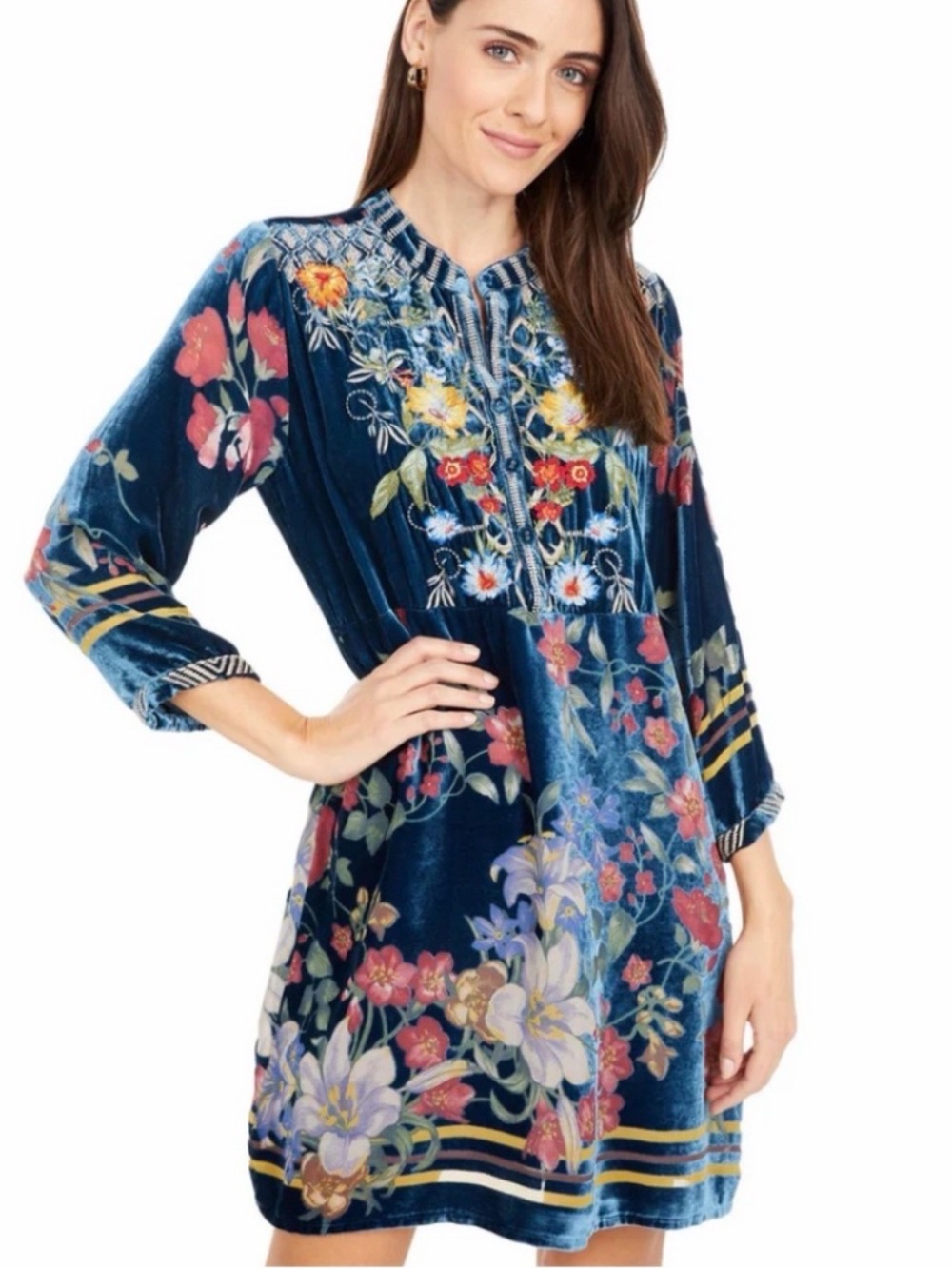 Johnny Was Mabel Floral Burnout Velvet Tunic Dress Embroidered Boho Luxe Size XS